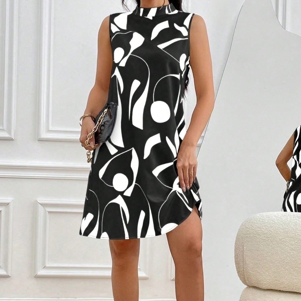 Women's Full Print Stand Collar Dress - Picture 4 of 4